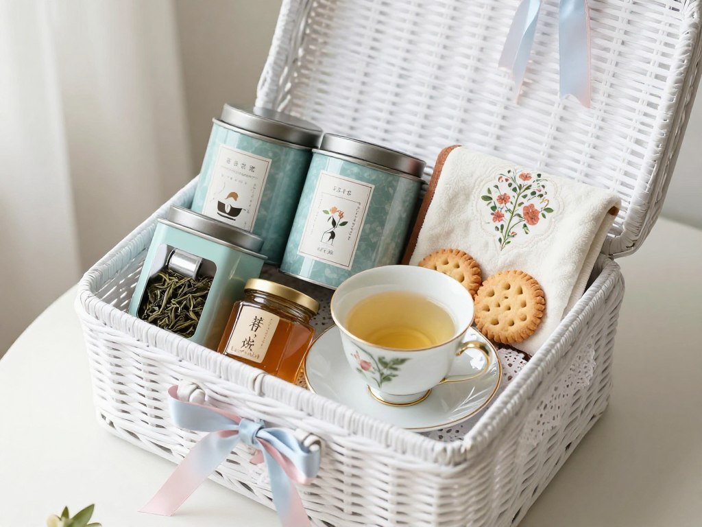 tea themed gift basket with variety of teas and accessories
