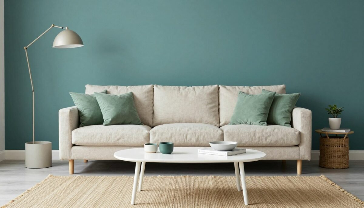 teal accent wall behind neutral beige sofa