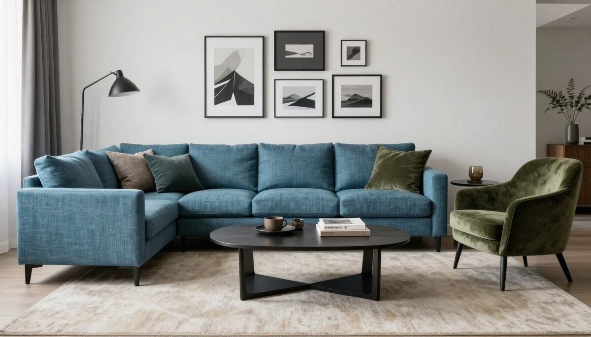 teal blue sofa paired with olive green accent chair