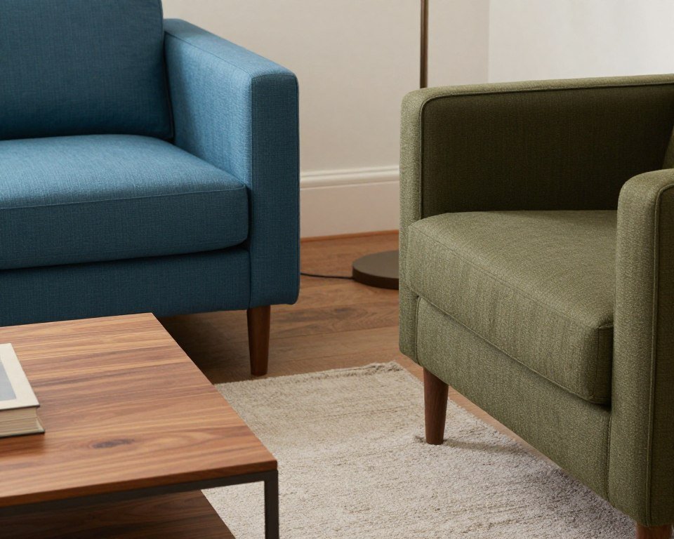 teal sofa and green chair arrangement detail