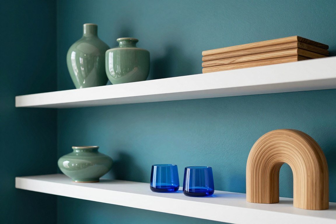 teal wall detail with floating shelves and decor