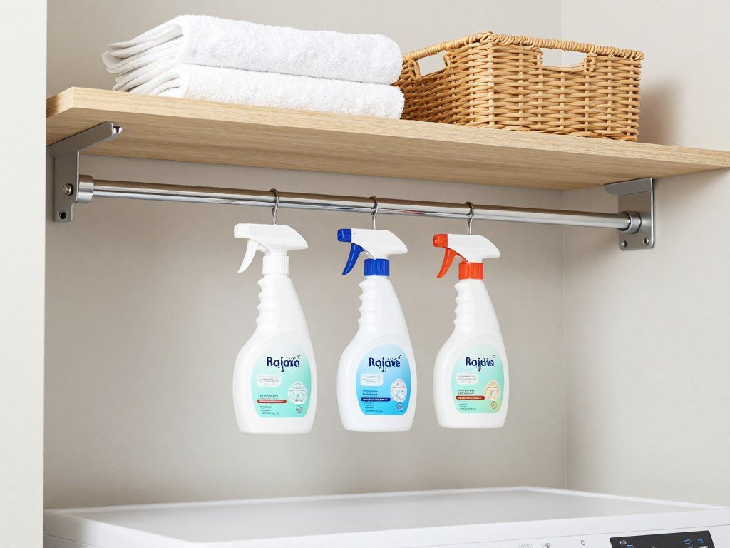 tension rod installed under shelf above top loader for hanging spray bottles