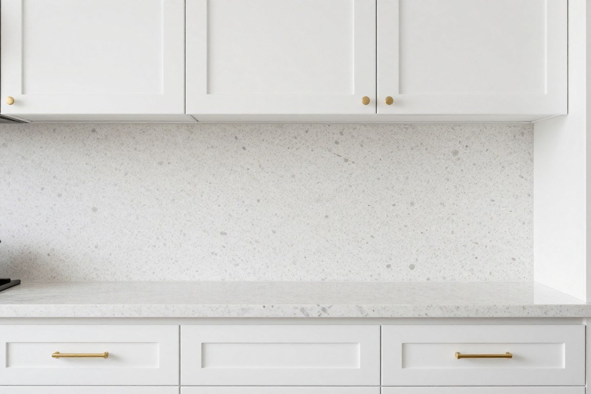terrazzo backsplash with marble chips in neutral farmhouse kitchen