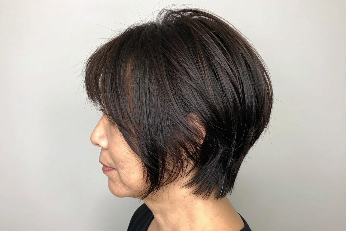 textured crop with forward-swept bangs