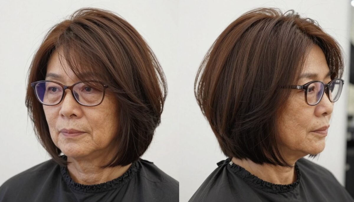 textured layered bob haircut for women over 70 with glasses
