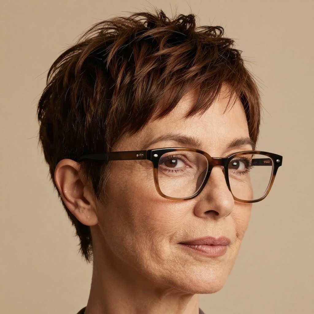 textured pixie cut with side part and rectangular glasses