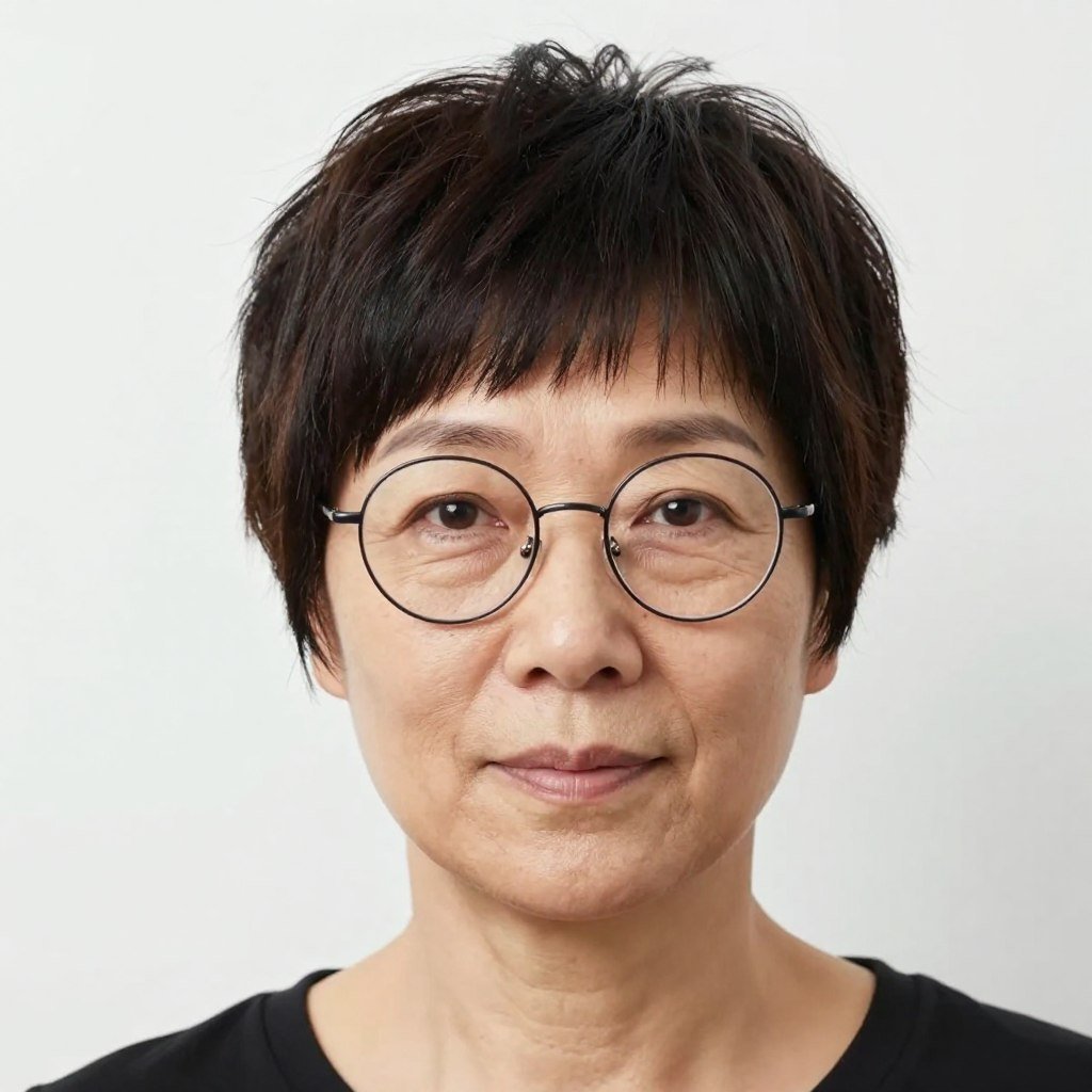 textured pixie with blunt bangs and small round glasses