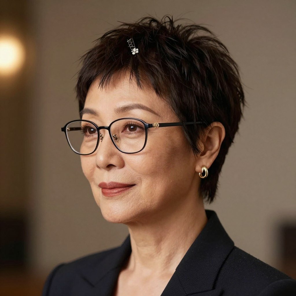 textured pixie with decorative hair accessory and evening glasses