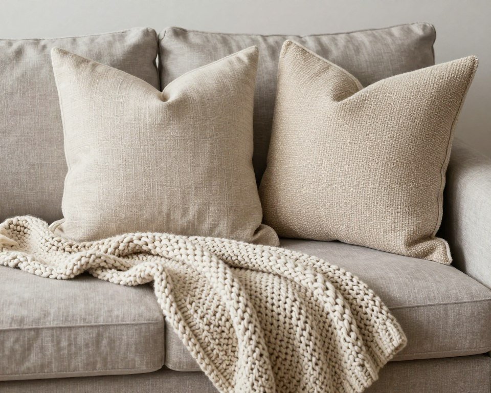 textured throw pillows and blankets on farmhouse sofa