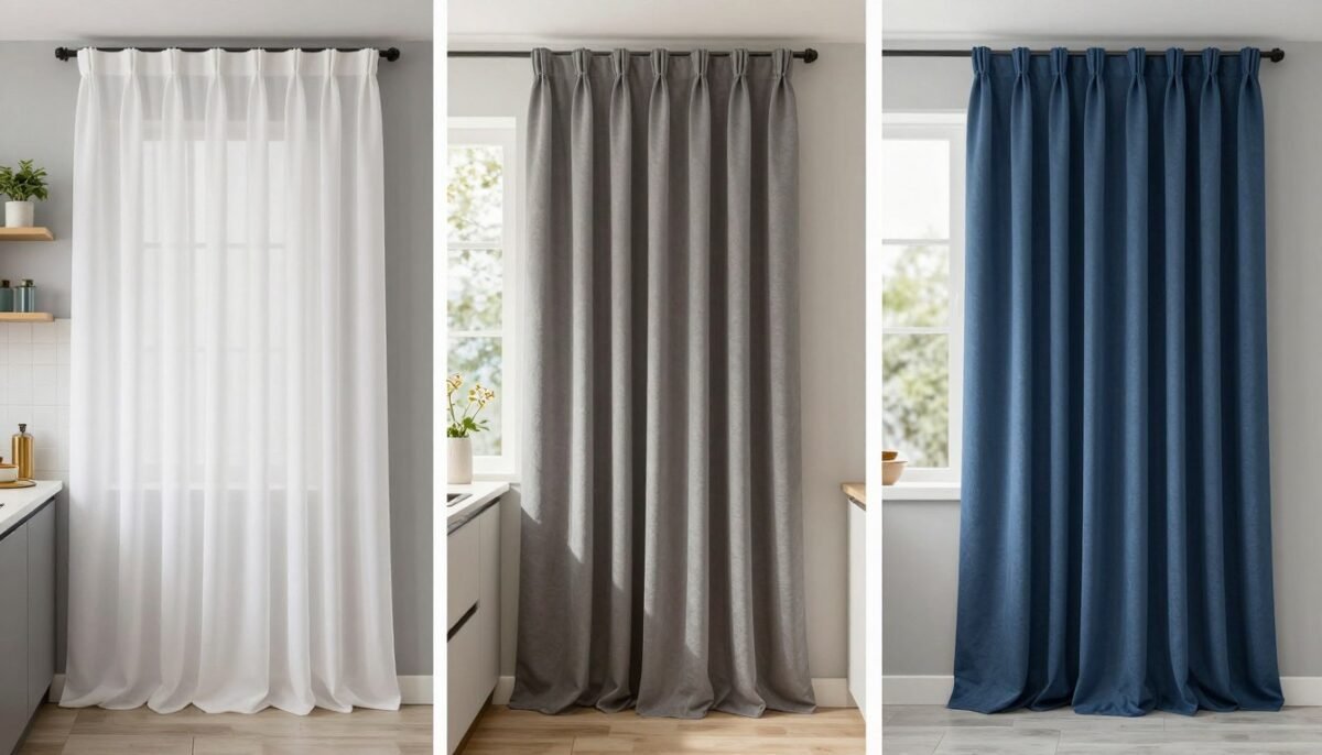three kitchens showing white, gray, and blue curtain color options