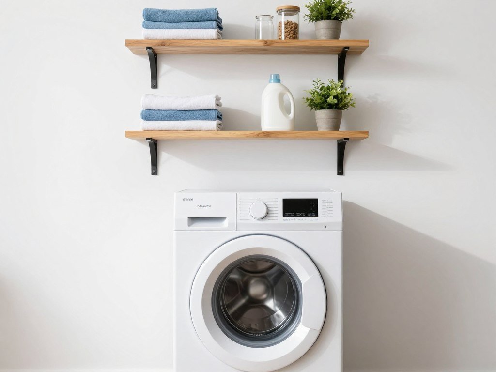 top loader washing machine with floating shelves mounted on wall above it