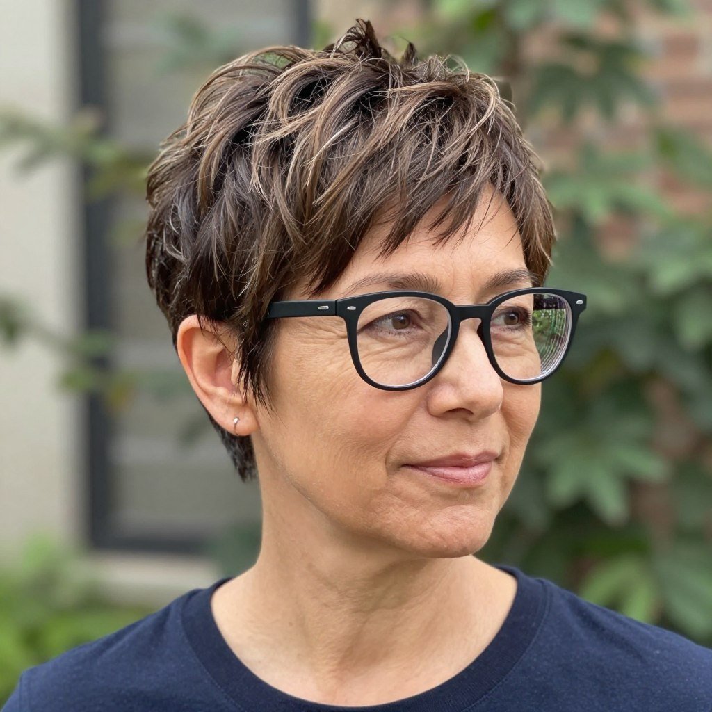 tousled pixie cut styled away from glasses
