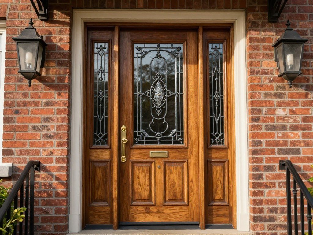 traditional wood front door with decorative glass panel inserts