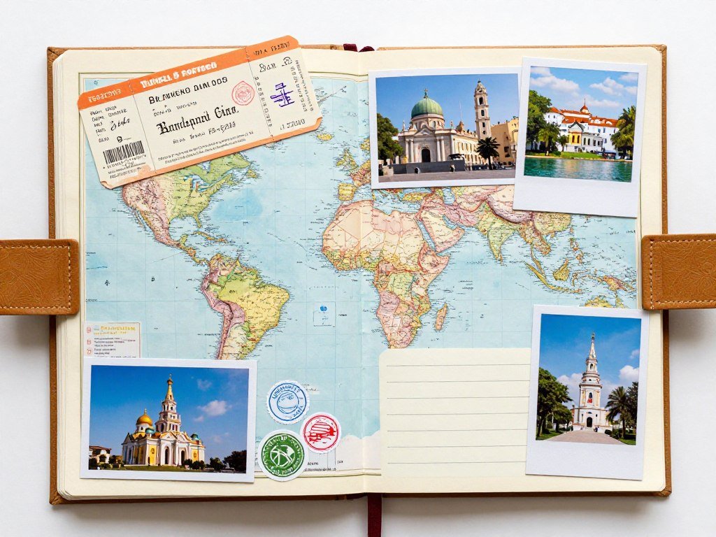 travel scrapbook page with maps tickets and destination photos