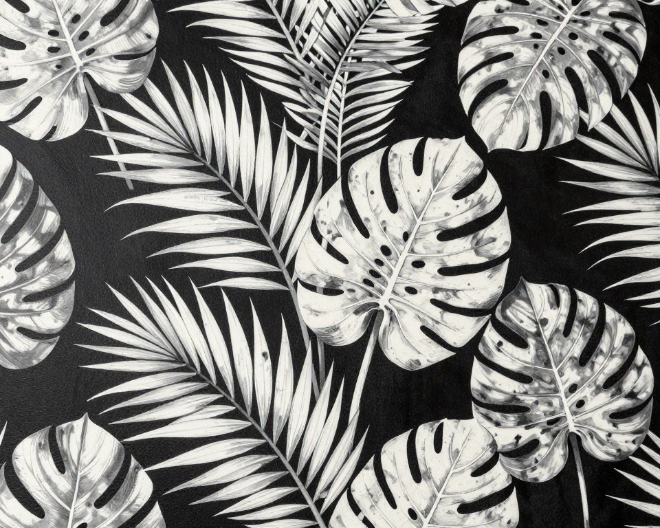 tropical wallpaper detail showing white palm leaves on black background