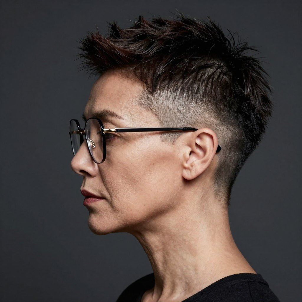 undercut pixie hairstyle with geometric frames