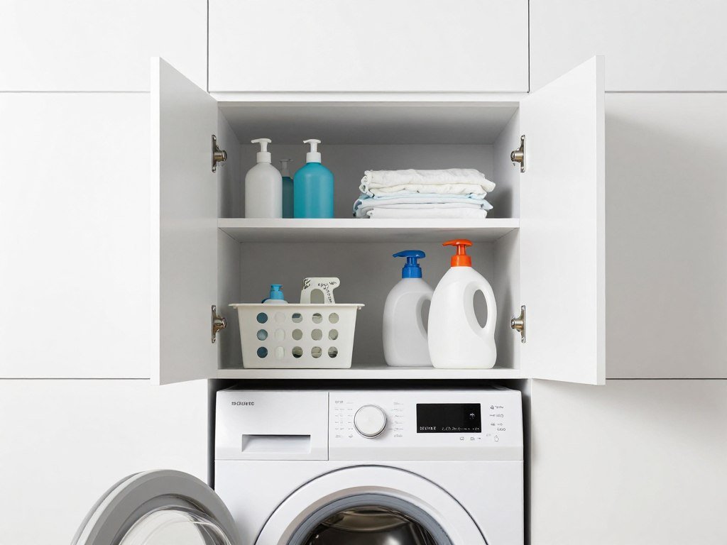 upper cabinet with lift-assist doors mounted above top loading washer