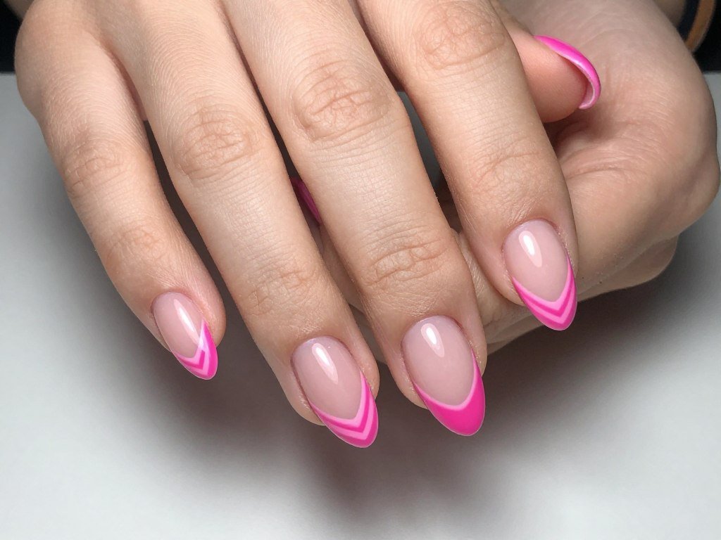v-shaped pink french tips creating chevron pattern at nail tips