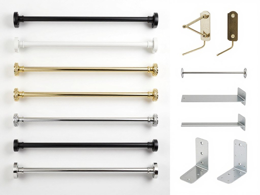 various curtain rod types and mounting hardware displayed