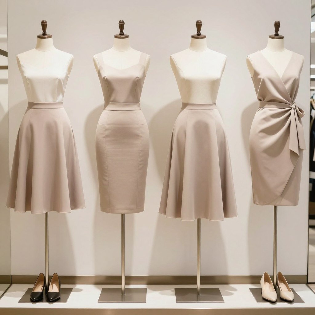 various flattering skirt styles on mannequins
