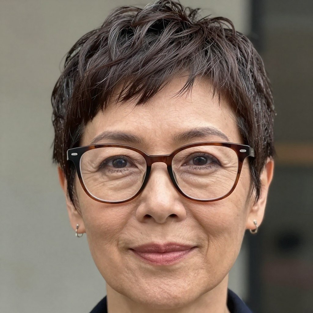 versatile pixie cut for oval face with designer glasses