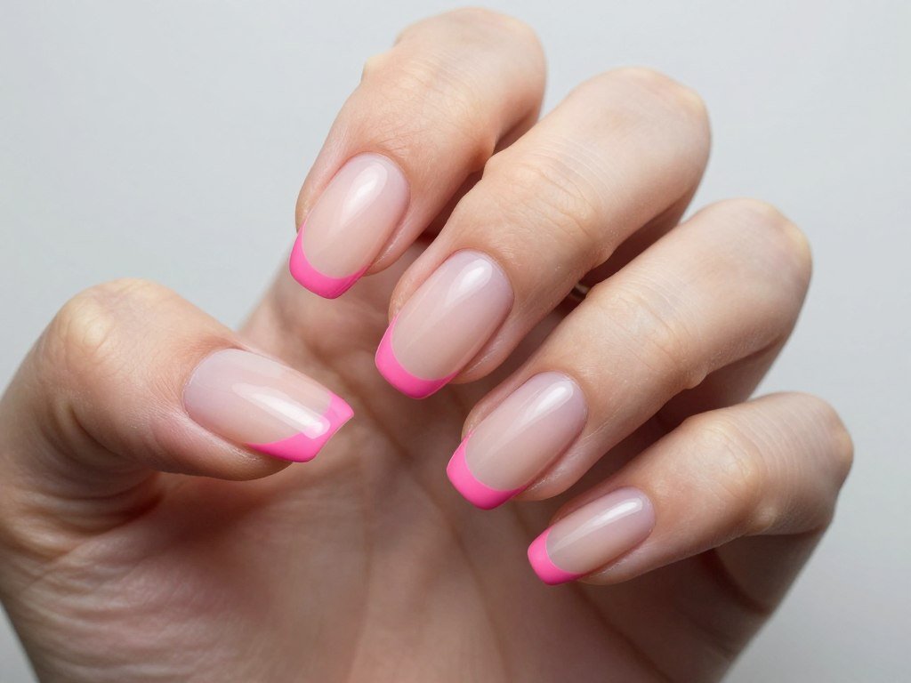 very thin pink french tips on nude base creating delicate look
