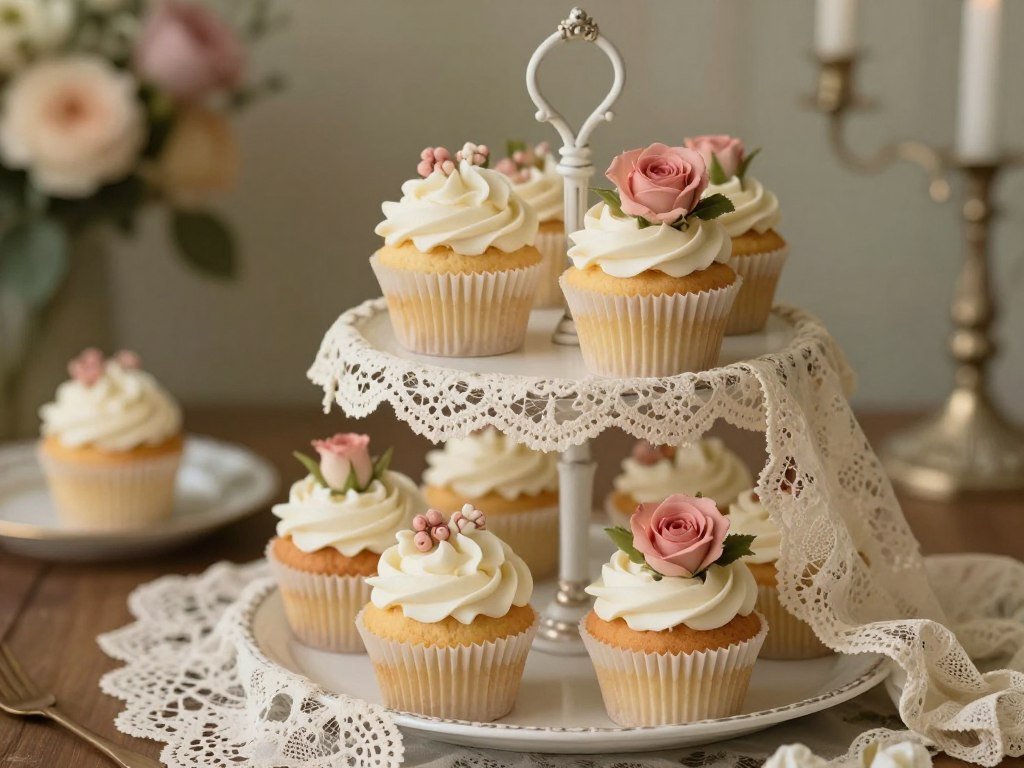 vintage Victorian style DIY cupcake stand covered in delicate white lace