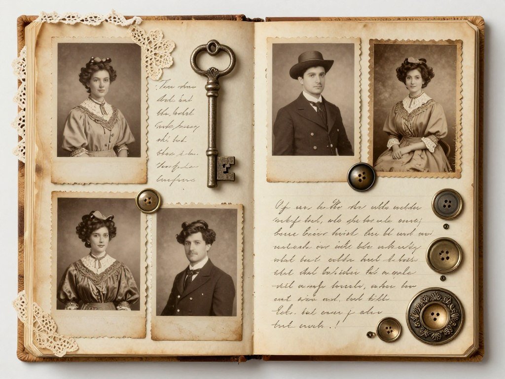 vintage heritage scrapbook with antique embellishments
