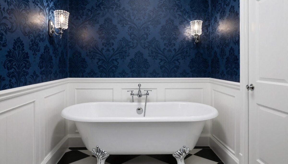 vintage-inspired small bathroom with navy damask wallpaper and clawfoot tub