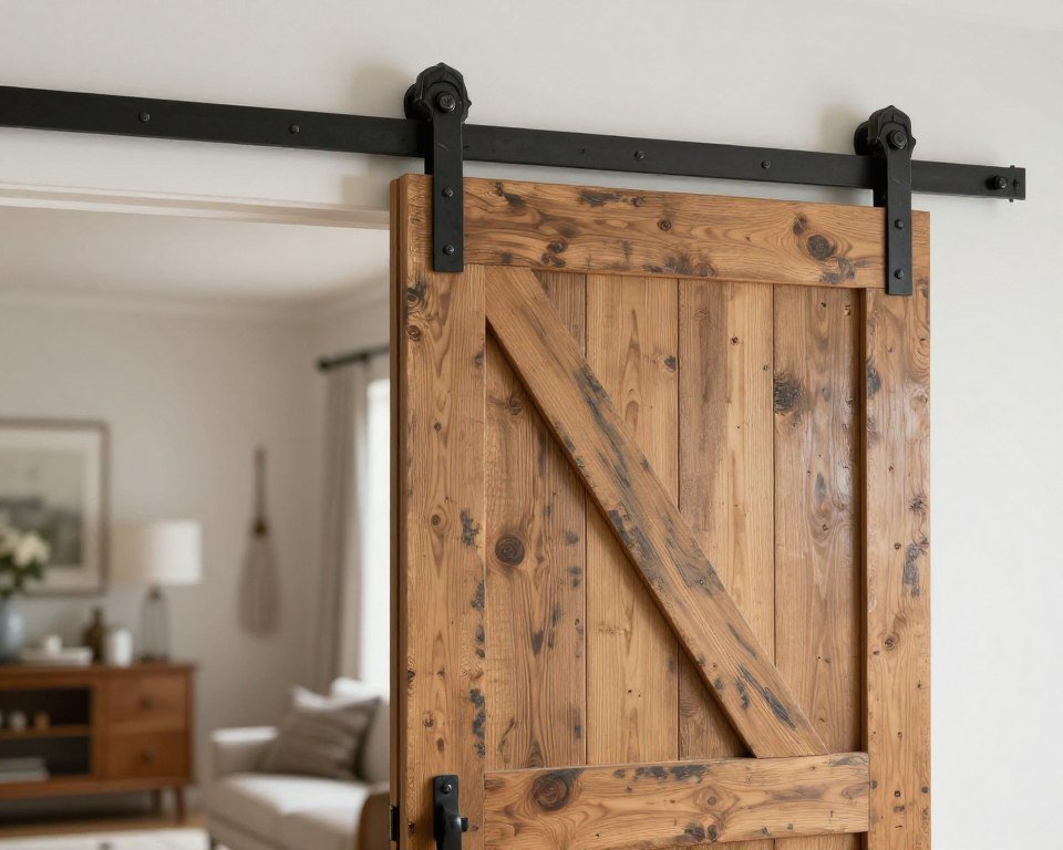 vintage sliding barn door in country farmhouse living room