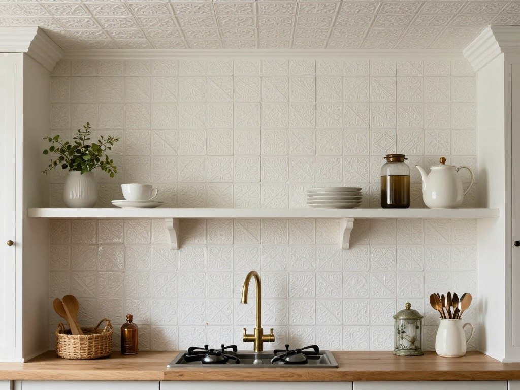 vintage tin ceiling tiles used as backsplash in farmhouse kitchen