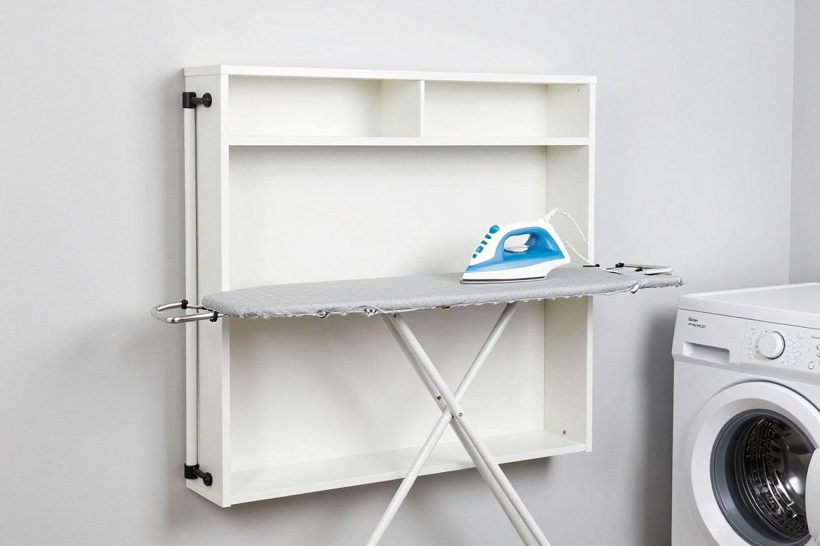 wall mounted fold-down ironing board in small laundry room near top loader