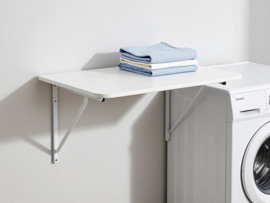 wall-mounted fold-up table beside top loading washer in small laundry room