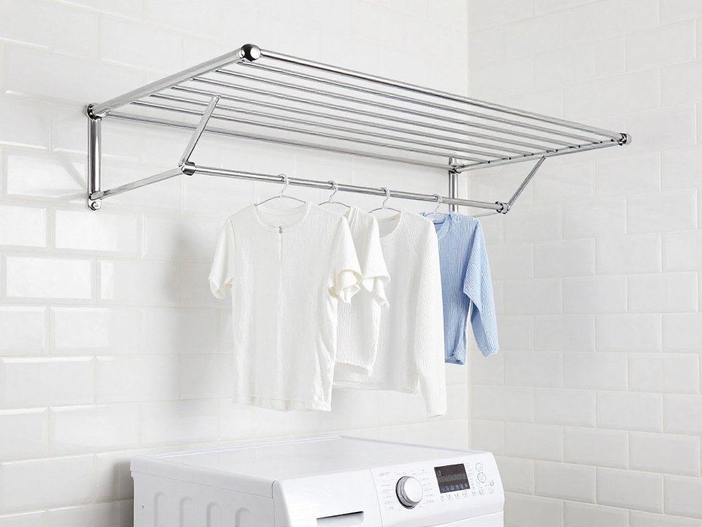 wall mounted retractable drying rack above top loader washer in compact laundry room
