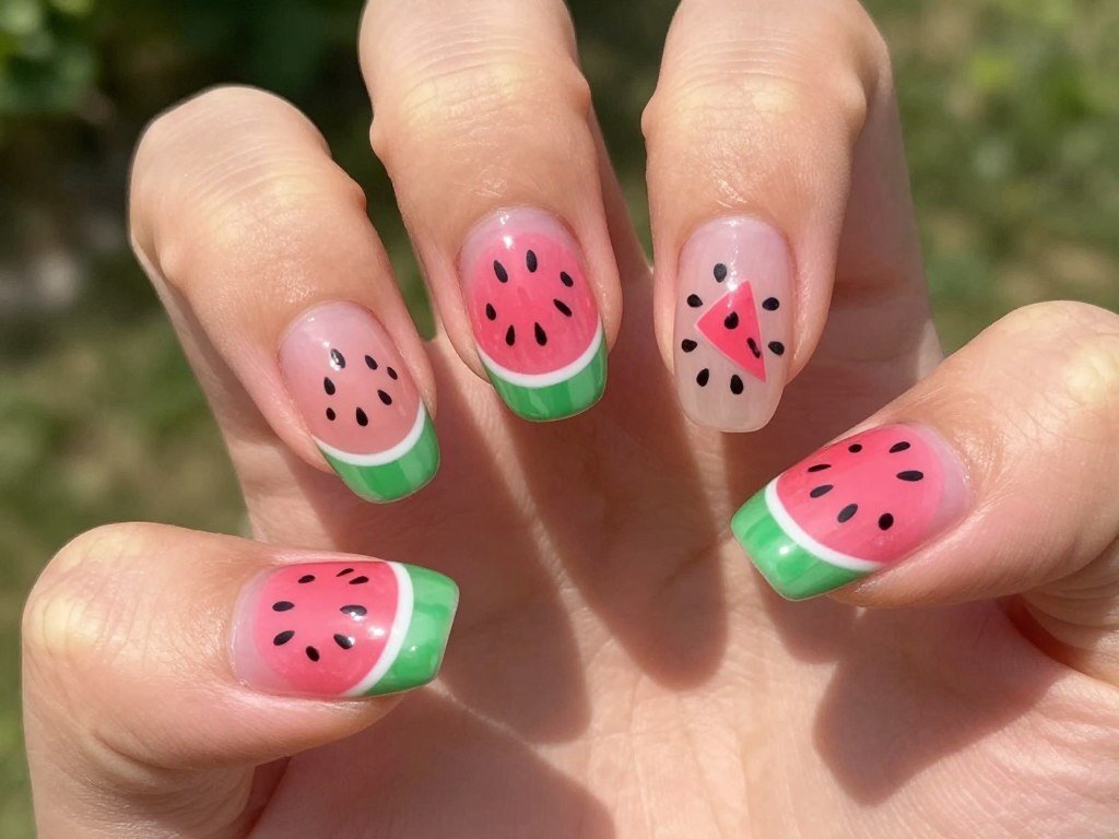 watermelon slice summer nail art design with seeds