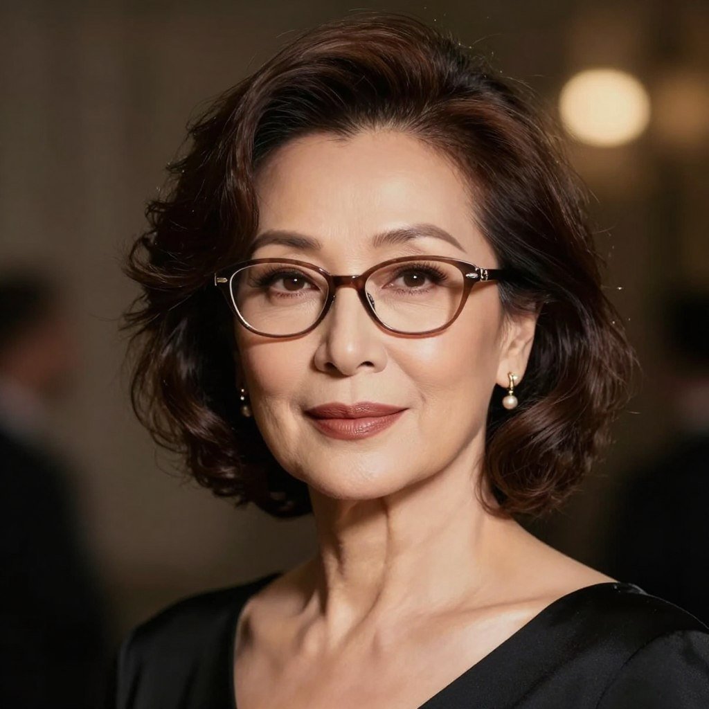 wavy bob styled for evening with elegant frames
