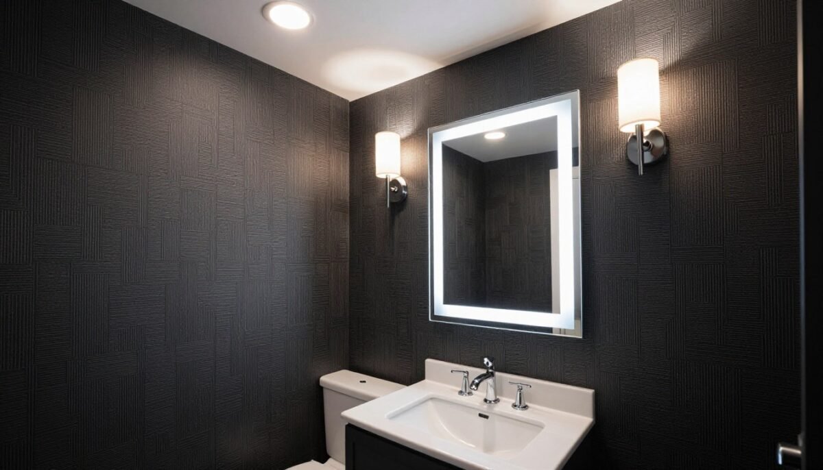 well-lit small bathroom showing effective use of dark wallpaper with strategic lighting