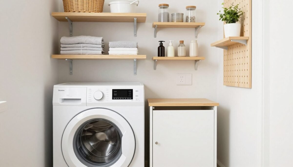 well-organized small laundry room with top loader and multiple storage solutions well-organized small laundry room with top loader and multiple storage solutions