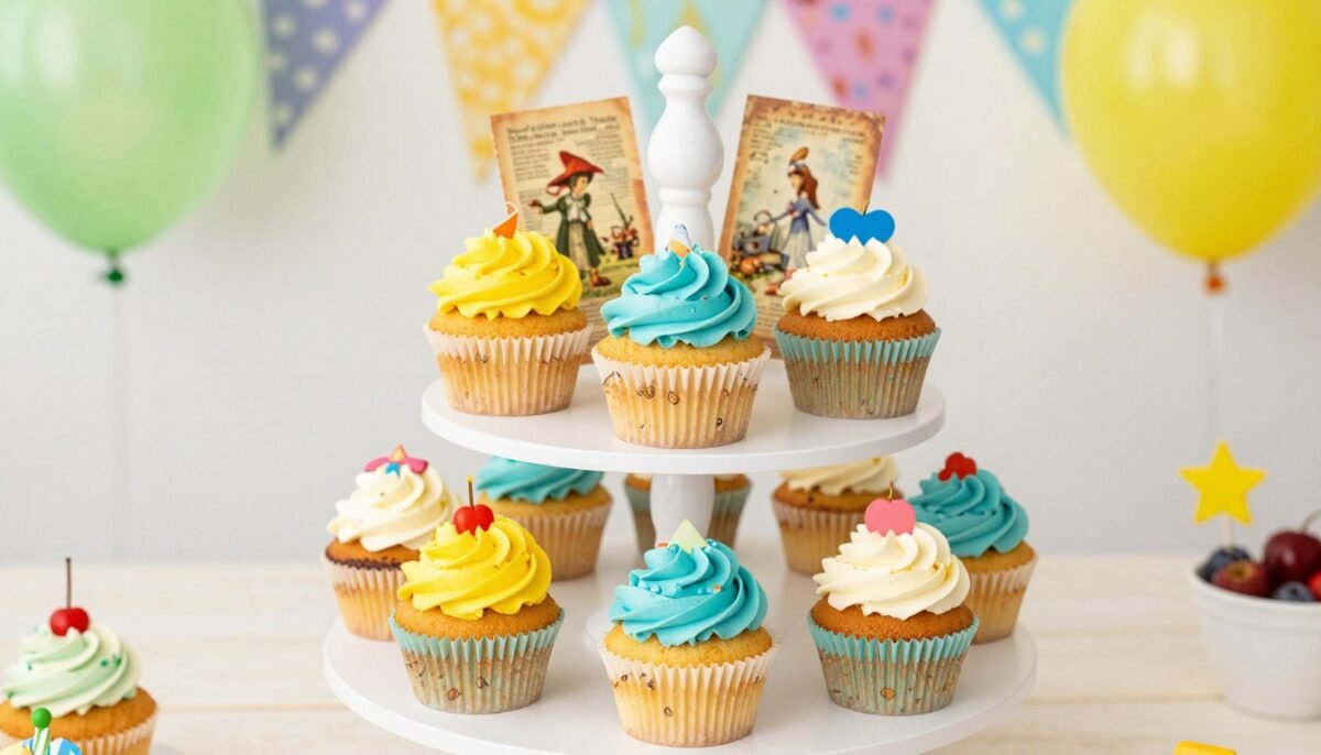 whimsical storybook themed DIY cupcake stand decorated with children's book covers