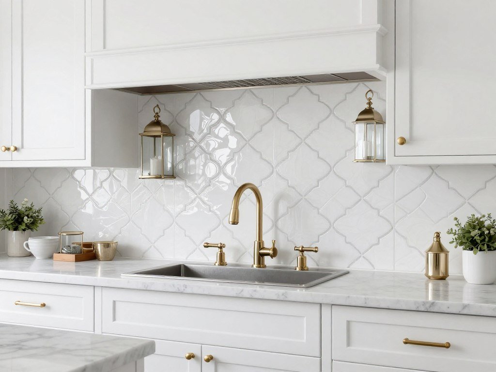 white arabesque tile backsplash with flowing curves in farmhouse kitchen