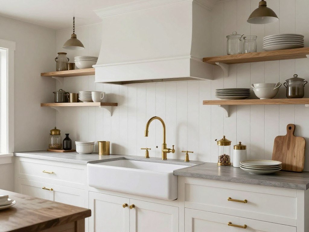 white beadboard backsplash with vertical grooves in cottage farmhouse kitchen