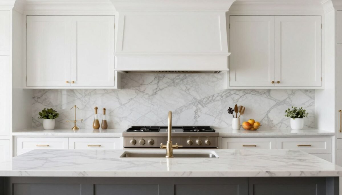 white carrara marble slab backsplash in elegant farmhouse kitchen