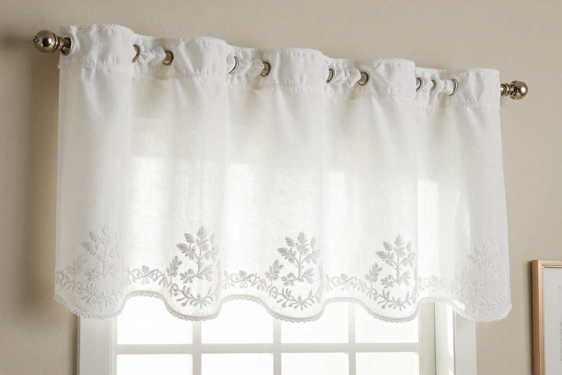 white embroidered valance with scalloped edge for kitchen window