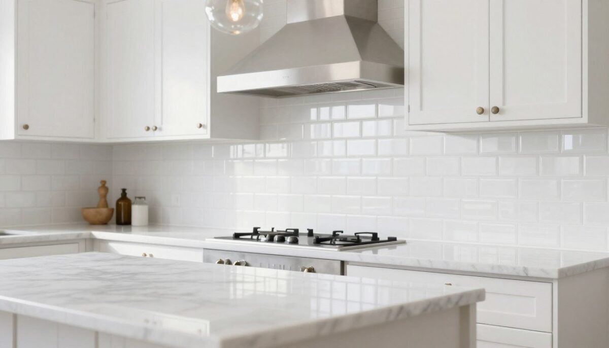 white glass subway tile backsplash reflecting light in bright farmhouse kitchen