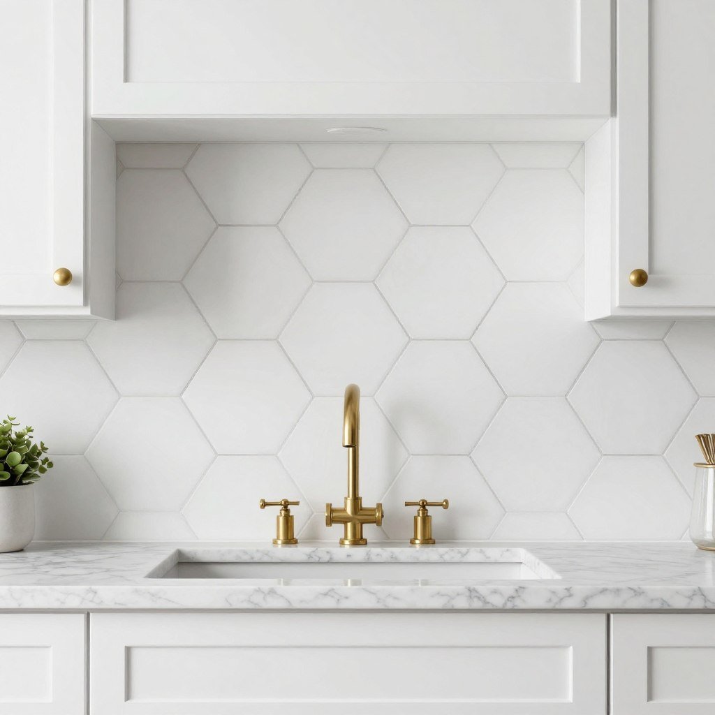 white hexagon tile backsplash creating geometric pattern in farmhouse kitchen