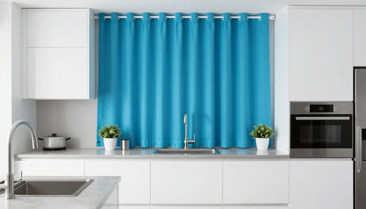 white kitchen with bright turquoise curtains creating colorful accent over sink