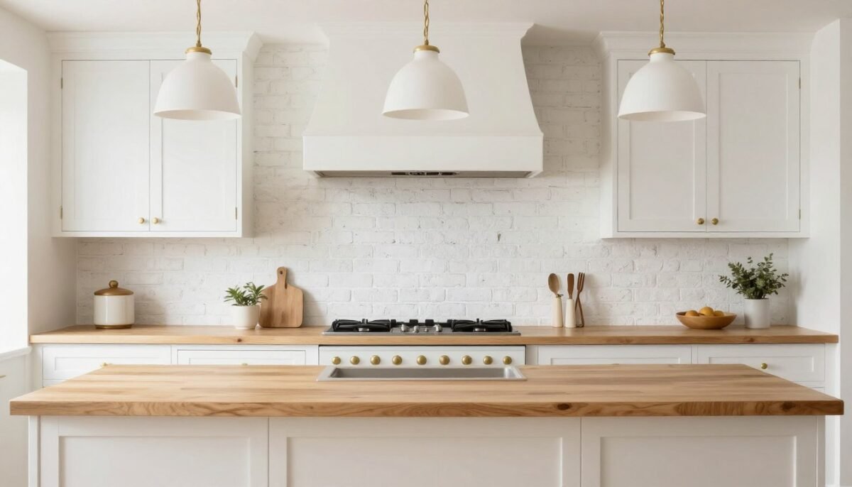 white painted brick backsplash in bright farmhouse kitchen