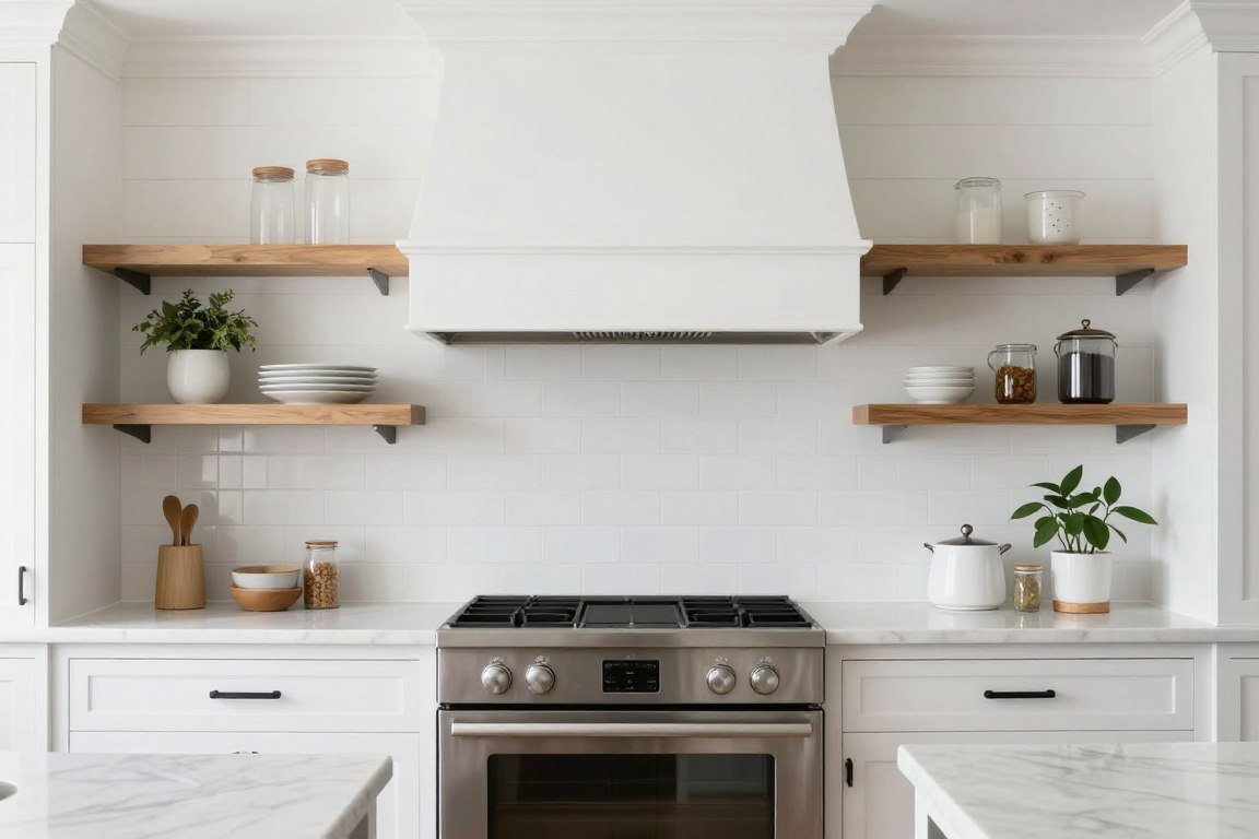 white painted shiplap wood backsplash in modern farmhouse kitchen