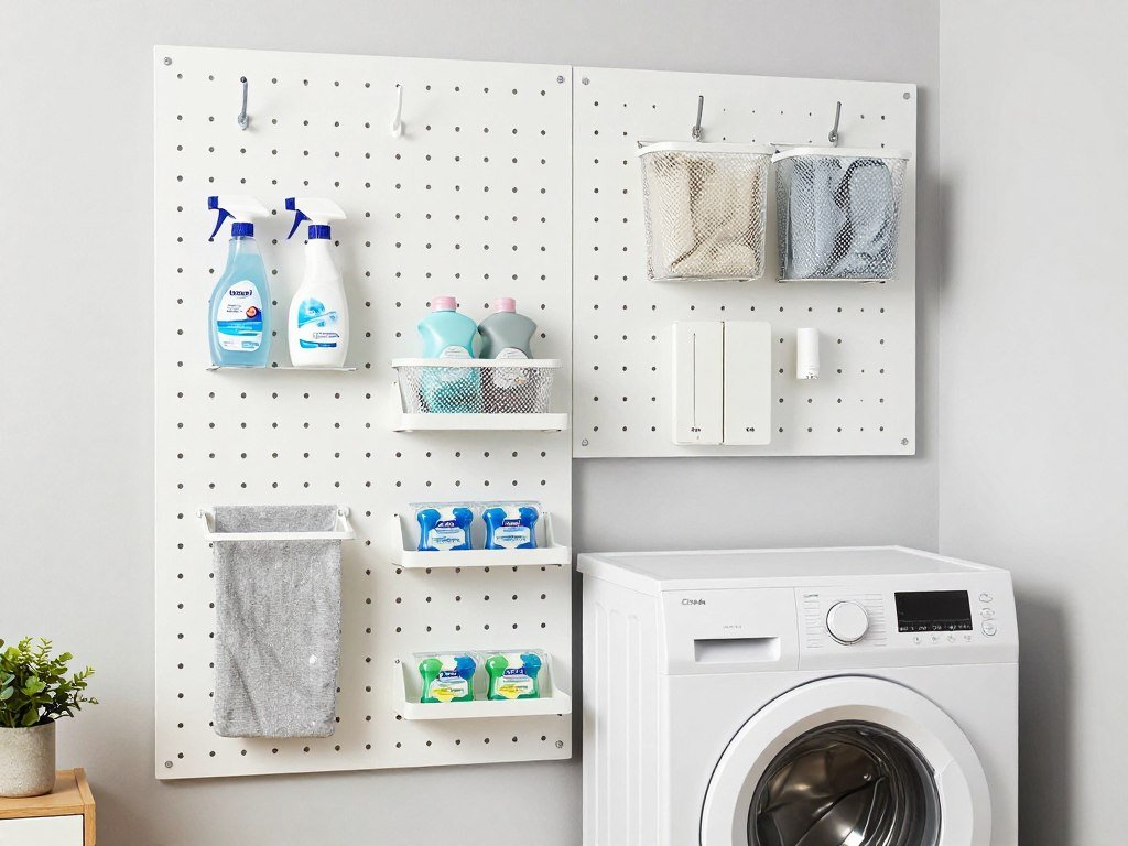 white pegboard wall with hooks and baskets beside top loader in small laundry room