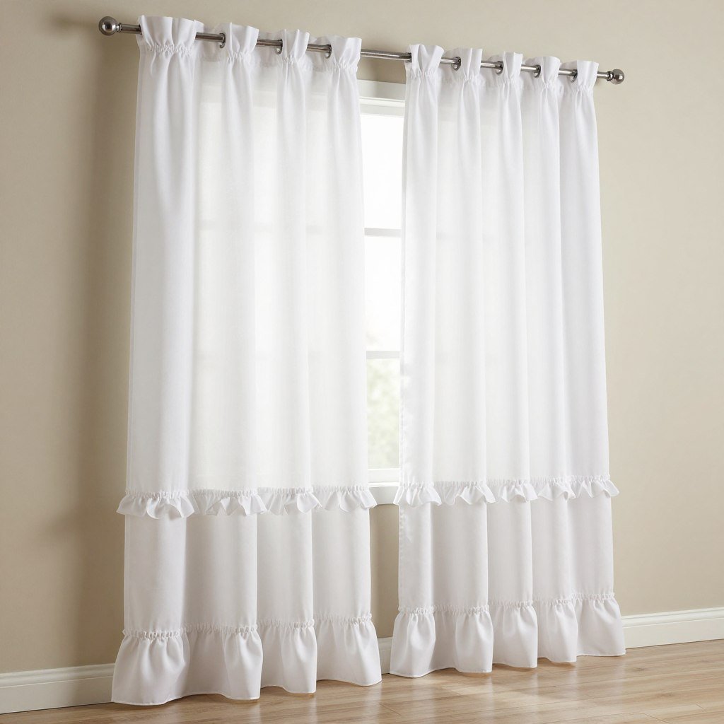 white ruffled cafe curtain set with tier panels for cottage kitchen